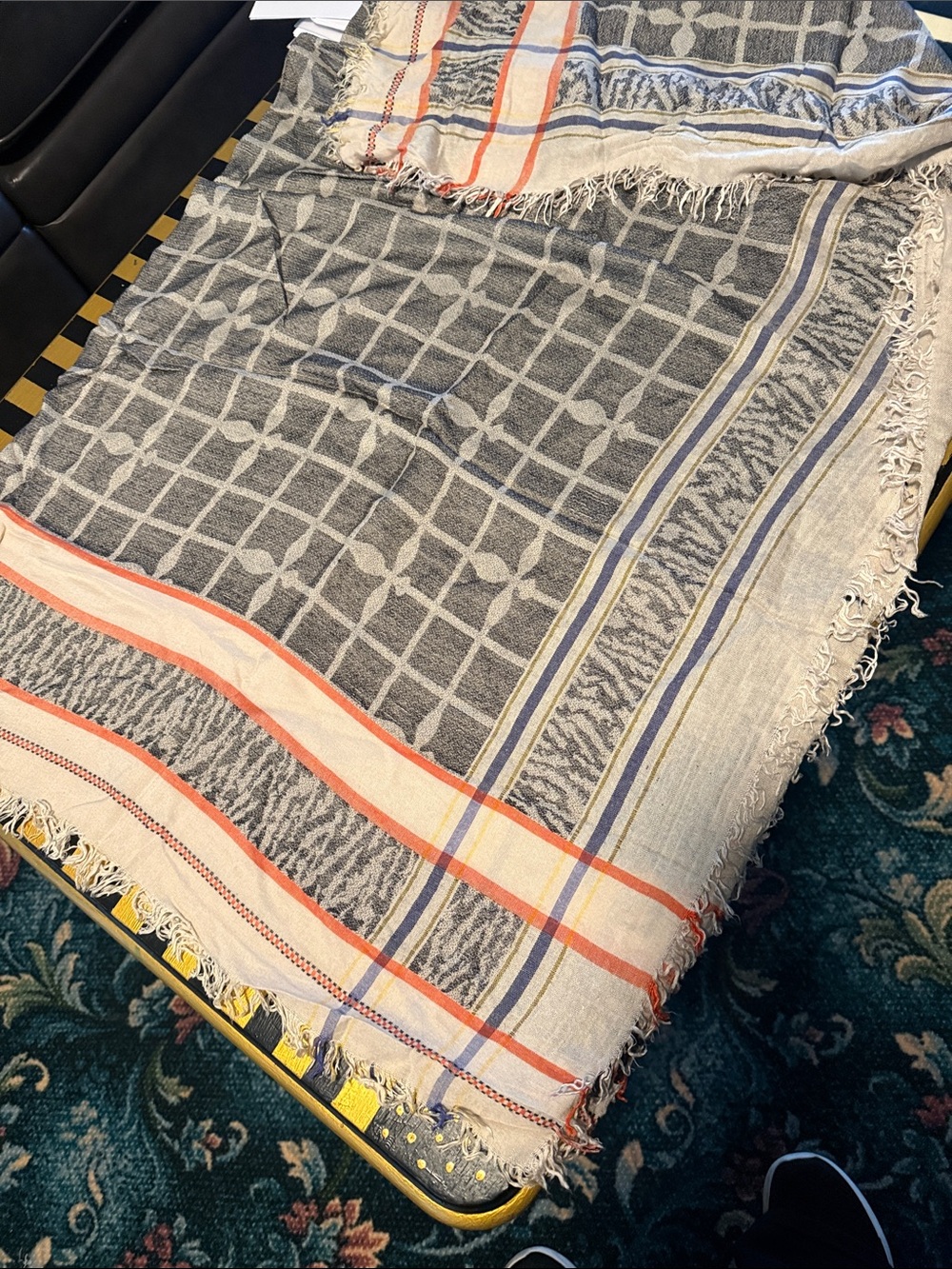 Patterned Fringe Scarf in Gray, Cream & Orange